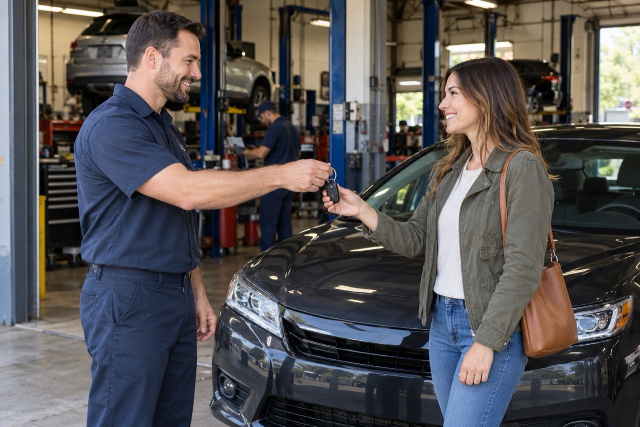 Customer picking up a vehicle at an auto repair shop