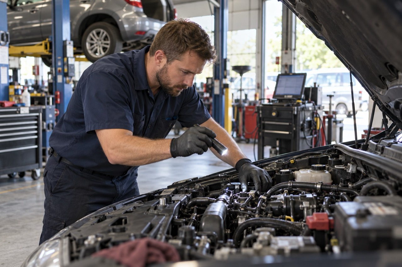Mechanic staying focused on an engine inspection