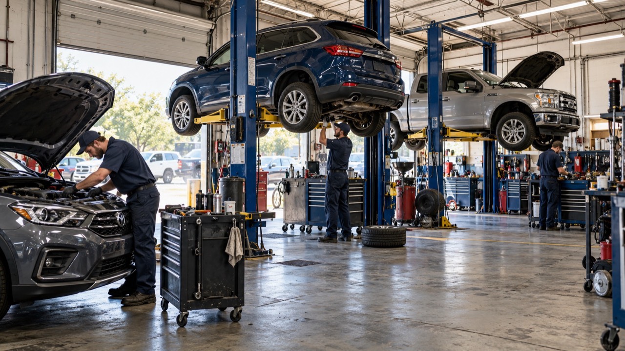 Working auto repair shop with vehicles on lifts and mechanics in the service bays