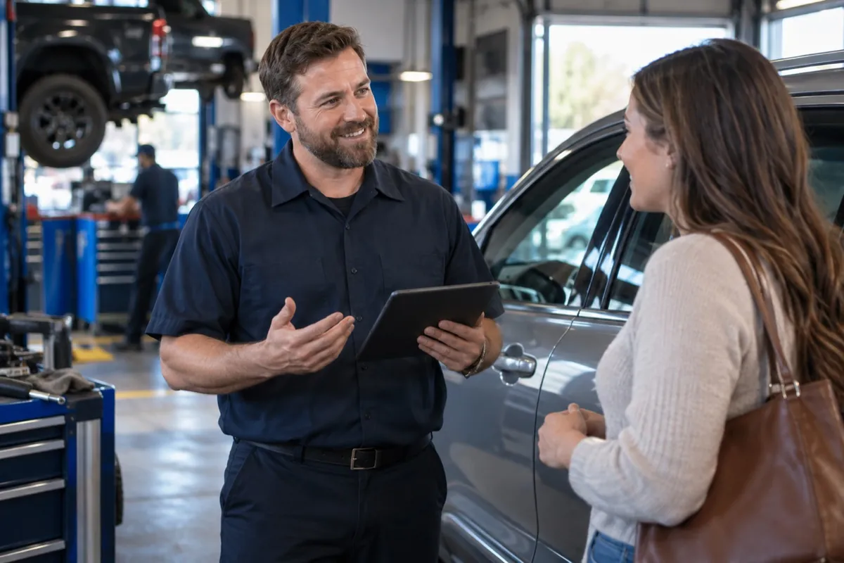 Repair shop advisor reviewing a service request with a customer